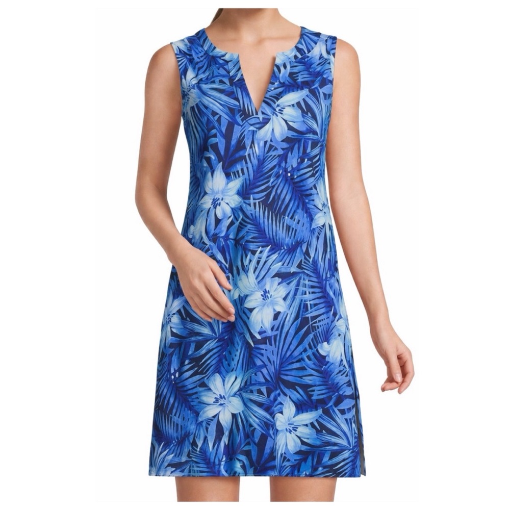 Lands End Sleeveless Blue Tropical Print Dress